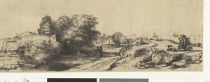 Gezicht op de Diemerdijk met een melkman en huisjes door Rembrandt van Rijn