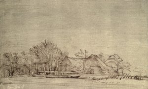 Winterlandschap met huisjes tussen bomen, c.1650 door Rembrandt van Rijn