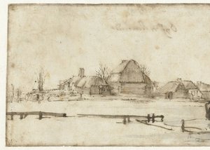 Wintergezicht met een waterweg, huisjes en twee boten