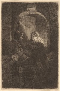 Vrouw bij een Deurluik Praat met een Man en Kinderen (De Schoolmeester) door Rembrandt van Rijn