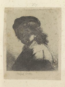 Zelfportret met baret en halsdoek, het gezicht in de schaduw door Rembrandt van Rijn
