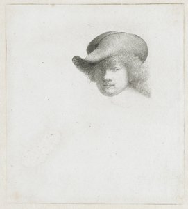 Zelfportret met slappe hoed en bewerkte mantel door Rembrandt van Rijn