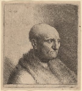 Kale man in een bontjas door Rembrandt van Rijn and Studio of Rembrandt