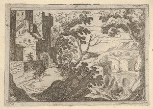 Landschap met gebouwen links en een brug rechts beneden