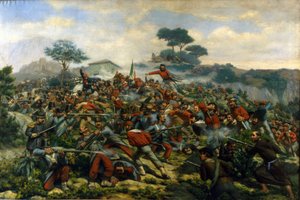 Risorgimento: de slag bij Calatafimi in Sicilië tussen de troepen van Giuseppe Garibaldi (1807-1882), de Duizend en het leger van het Koninkrijk der Beide Siciliën