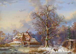 Dorp in de winter door Remigius Adrianus Haanen