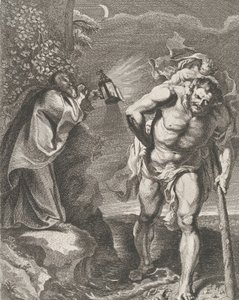 Sint Christoffel die het Christus Kind over een Stroom draagt, een andere man houdt een..., ca. 1636-80 door Remoldus Eynhoudts