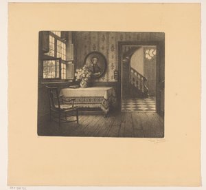 Interieur met portret, tafel en doorkijk op een gang door René Janssens (signed by artist)