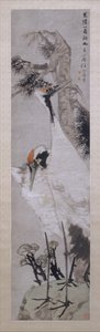 Kraanvogels, dennenboom en korstmos, gedateerd 1885 door Ren Yi