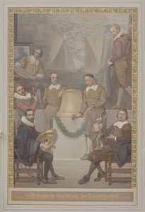 Schildering in de Voorhal door Georg Sturm van de Kunstnijverheid (onder andere het maken van klokken) met het opschrift: 16de eeuw Nederlandsche beoefenaren der kunstnijverheid 17de eeuw