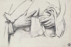 Studie van de hand voor Onze-Lieve-Vrouw van Morienval in Oise, Frankrijk (houtskool op papier)