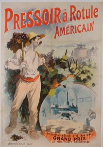 Poster die een Amerikaanse wijnpers adverteert, tentoongesteld op de Exposition Universelle de Lyon