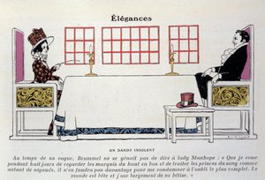 Een afbeelding van Beau Brummell (George Bryan Brummell) (1778-1840) aan tafel voor Lady Stanhope, hij gaf geboorte aan de uitdrukking 