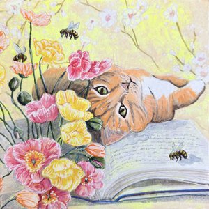 Een kat tussen de klaprozen door Renee Machan Cottagecore Artist