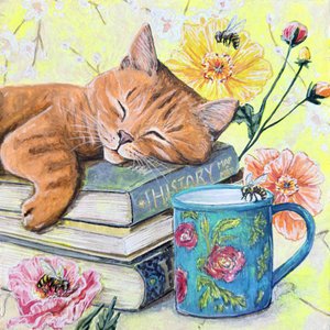Slapende kat tussen de boeken door Renee Machan Cottagecore Artist