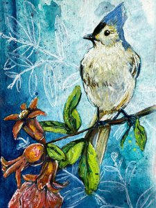 Tufted Titmouse Granaatappel door Renee Machan Cottagecore Artist