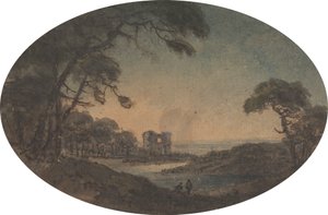 Landschap met twee mannen en een kasteelruïne aan de rivier door Rev. William Gilpin