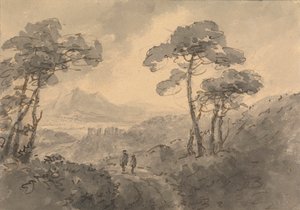 Berglandschap met twee figuren op een kronkelende weg