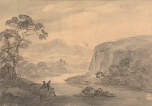 Bergachtig Landschap met Twee Figuren die uitkijken over een Meer