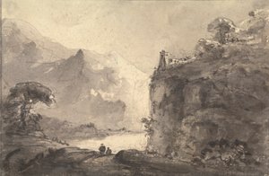 Rotsachtig landschap met twee figuren op een pad in het midden door Rev. William Gilpin