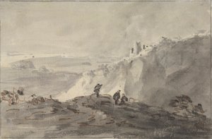 Drie figuren in een heuvelachtig landschap met ruïnes, verderop door Rev. William Gilpin