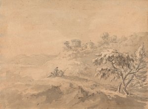 Twee Mannen in een Landschap en een Kasteel op een Heuvel