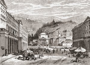 Een straat in Turijn, Italië in de late 19e eeuw. Uit Italiaanse afbeeldingen door Rev. Samuel Manning, gepubliceerd ca. 1890.