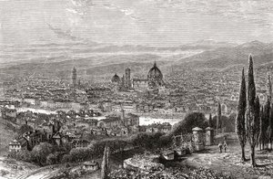 Een uitzicht op Florence, Toscane, Italië vanaf het terras van San Miniato, in de late 19e eeuw. Uit Italiaanse Prenten door Rev. Samuel Manning, gepubliceerd c.1890. door Reverend Samuel Manning