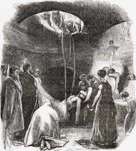 Een vroege christelijke begrafenis in de catacomben van Rome, Italië. Uit Italiaanse afbeeldingen door Rev. Samuel Manning, gepubliceerd ca. 1890. door Reverend Samuel Manning