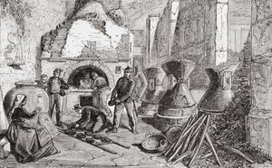 Bakkerijoven, brood- en meelmolens ontdekt bij de opgravingen in Pompeii, Napels, Italië in de late 19e eeuw. Uit Italiaanse Afbeeldingen door Rev. Samuel Manning, gepubliceerd ca. 1890.