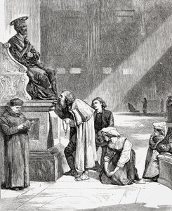 Mensen kussen de voeten van het standbeeld van Sint-Pieter in de Sint-Pietersbasiliek, Vaticaanstad, Rome in de late 19e eeuw. Uit Italiaanse afbeeldingen door Rev. Samuel Manning, gepubliceerd ca. 1890. door Reverend Samuel Manning