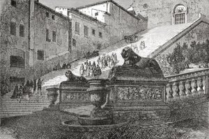 Trap die leidt naar de Basiliek van St. Mary van het Altaar van de Hemel, Rome, Italië in de late 19e eeuw. Uit Italiaanse Afbeeldingen door Rev. Samuel Manning, gepubliceerd c.1890. door Reverend Samuel Manning