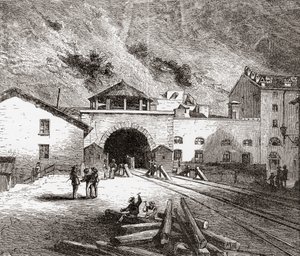 De Fréjus-spoortunnel ook wel de Mont Cenis-tunnel genoemd, Europese Alpen, vanaf de Italiaanse kant in de late 19e eeuw. Uit Italiaanse afbeeldingen door Rev. Samuel Manning, gepubliceerd ca. 1890. door Reverend Samuel Manning