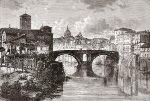De Pons Fabricius, of Ponte dei Quattro Capi, en Tiber-eiland, Rome, Italië in de late 19e eeuw. Uit Italiaanse Afbeeldingen door Rev. Samuel Manning, gepubliceerd ca. 1890. door Reverend Samuel Manning