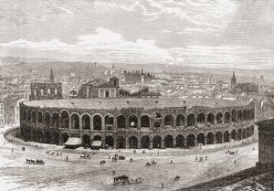 De Arena van Verona, Piazza Bra, Verona, Italië in de late 19e eeuw. Uit Italiaanse afbeeldingen door Rev. Samuel Manning, gepubliceerd ca. 1890. door Reverend Samuel Manning