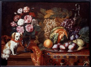 Stilleven met dwergspaniël door Reynaud Levieux