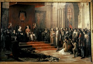 Columbus met de Katholieke Koningen (Isabella en Fernando) van... door Ricardo Balaca y Canseco