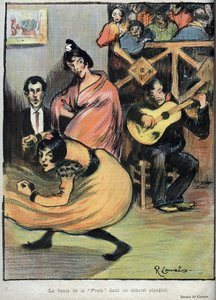De dans van de hen in een Spaans cabaret - tekening door R. Canals in Le Rire van 1898.