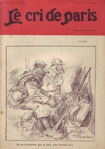 Illustratie door Ricardo Flores voor de omslag van Le Cri de Paris, 20/02/16 - Daar - "Ze zouden niet zo hard schreeuwen als ze hier waren." - Oorlog van 14-18, Pers/Media, Soldatenleven, Loopgraven, Dagelijks Leven, Roken, Jam, Geweren - Soldaten, Burgers door Ricardo Flores