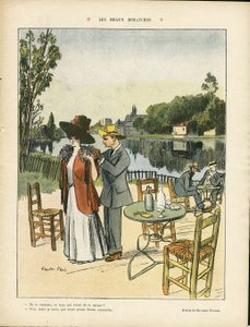 Illustratie van Ricardo Flores (1878-1918) in Le Rire, 04/07/08 - Mooie zondagen - Vrije tijd, Natuur, Architectuur, Restaurant, Cafés, Zee door Ricardo Flores