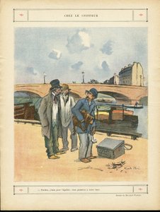 Illustratie van Ricardo Flores (1878-1918) in Le Rire, 05/10/12 - Bij de kapper - Parijs, Beroepen, Stedelijke architectuur, Brug, Rivier - Hond, Kapper door Ricardo Flores