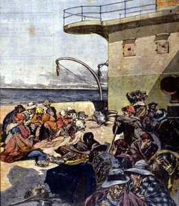 Italiaanse emigratie naar Canada; de reis aan boord van de Lake Megantic verliep onder vrij moeilijke omstandigheden. Ill. door R. Pellegrini. La Domenica del corriere. 02/06/1901. door Riccardo Pellegrini