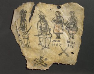 Getatoeëerde menselijke huid met figuren, waarschijnlijk Frans door John Pardon