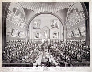 De Lord Mayor, wethouders en gemeenteraad in de raadszaal van Guildhall, Londen, gegraveerd door Thomas Sutherland, gepubliceerd in 1825 door Richard (after) Dighton