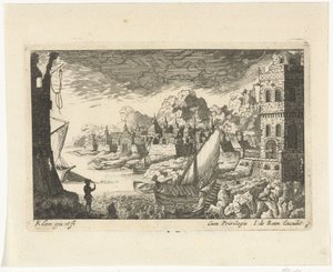 Stadsgezicht met vissershaven en aanmerend bootje