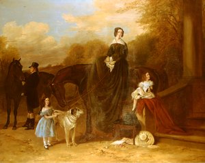 Een Familie met hun Jagers en Honden Buiten een Landhuis