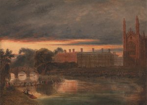 Processie van boten op de rivier de Cam onder Clare College, Cambridge