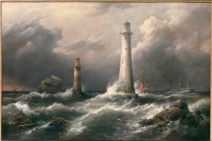 H.M.S. Lord Warden bij de Eddystone Vuurtorens door Richard Brydges Beechey