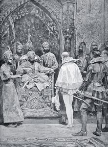 Akbar de Grote ontvangt de ambassadeur van Koningin Elizabeth in 1599 door Richard Caton (after) Woodville