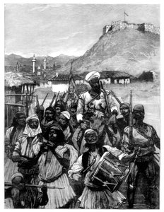 Albanezen uit Scutari steken de Boyana over om Dulcigno te bezetten, 1880